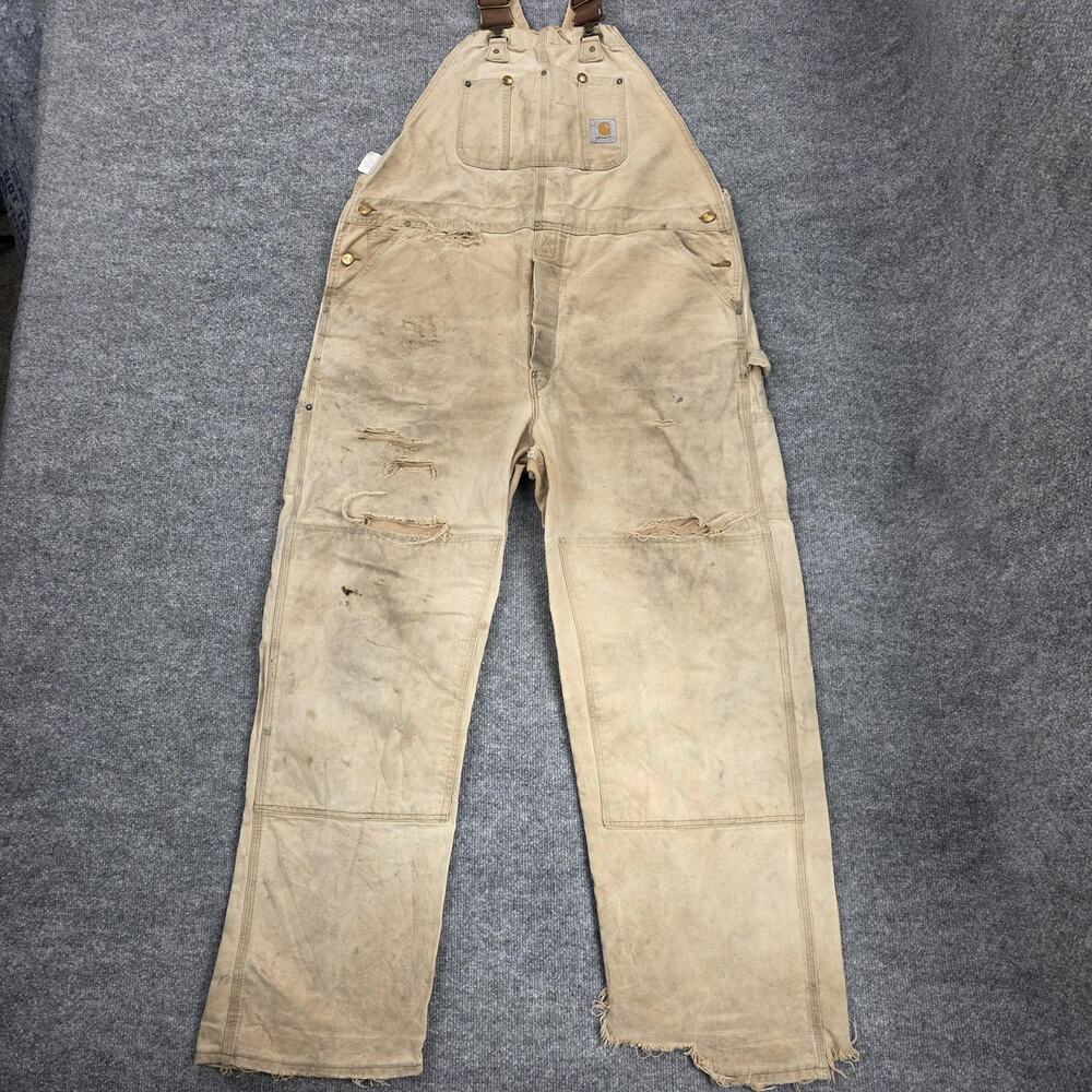 Carhartt Bib Overalls Mens 44x32 Duck Double Knee Distressed R01 BRN Vintage USA
